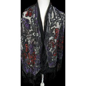 Vintage Gothic Floral Red Purple And Black Velvet Burnout Scarf With Fringe
